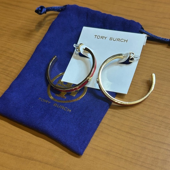Tory Burch Red and Gold Hoop Earrings - Picture 2 of 2